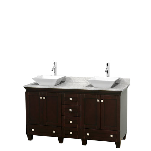 Wyndham Acclaim 60 Inch Double Bathroom Vanity in Espresso, White Carrara Marble Countertop, Pyra White Sinks, and No Mirrors- Wyndham