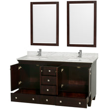 Load image into Gallery viewer, Wyndham Acclaim 60 Inch Double Bathroom Vanity in Espresso, White Carrara Marble Countertop, Undermount Square Sinks, and 24 Inch Mirrors- Wyndham