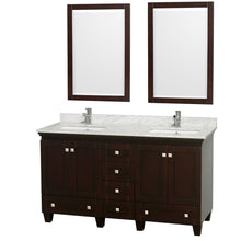 Load image into Gallery viewer, Wyndham Acclaim 60 Inch Double Bathroom Vanity in Espresso, White Carrara Marble Countertop, Undermount Square Sinks, and 24 Inch Mirrors- Wyndham