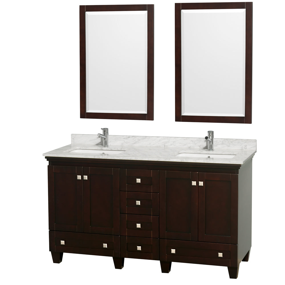 Wyndham Acclaim 60 Inch Double Bathroom Vanity in Espresso, White Carrara Marble Countertop, Undermount Square Sinks, and 24 Inch Mirrors- Wyndham