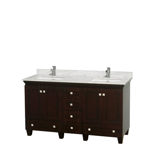 Wyndham Acclaim 60 Inch Double Bathroom Vanity in Espresso, White Carrara Marble Countertop, Undermount Square Sinks, and No Mirrors- Wyndham