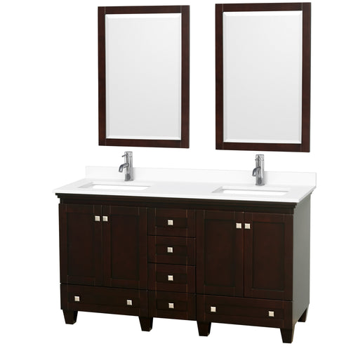 Wyndham Acclaim 60 Inch Double Bathroom Vanity in Espresso, White Cultured Marble Countertop, Undermount Square Sinks, 24 Inch Mirrors- Wyndham