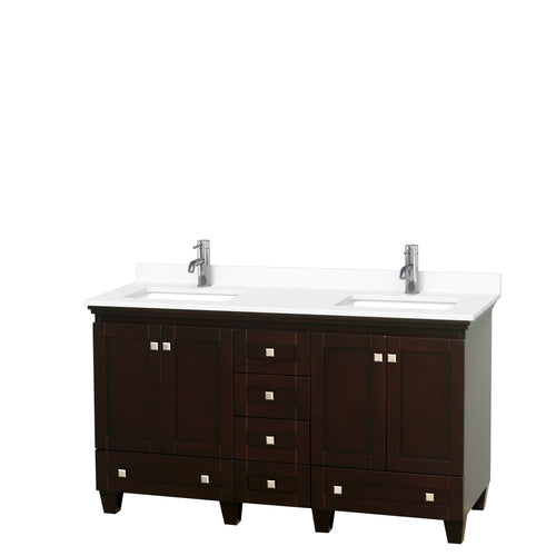Wyndham Acclaim 60 Inch Double Bathroom Vanity in Espresso, White Cultured Marble Countertop, Undermount Square Sinks, No Mirrors- Wyndham