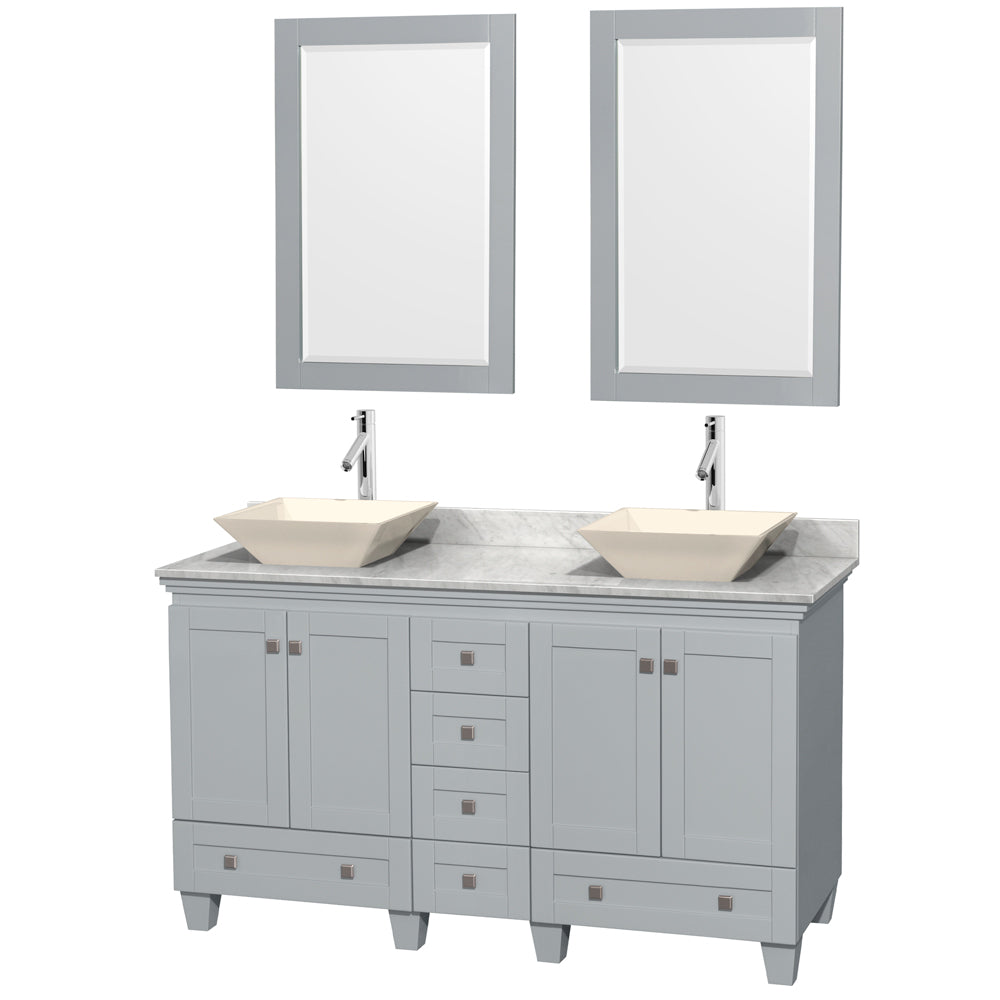 Wyndham Acclaim 60 Inch Double Bathroom Vanity in Oyster Gray, White Carrara Marble Countertop, Pyra Bone Porcelain Sinks, and 24 Inch Mirrors- Wyndham