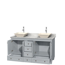 Load image into Gallery viewer, Wyndham Acclaim 60 Inch Double Bathroom Vanity in Oyster Gray, White Carrara Marble Countertop, Pyra Bone Porcelain Sinks, and No Mirrors- Wyndham