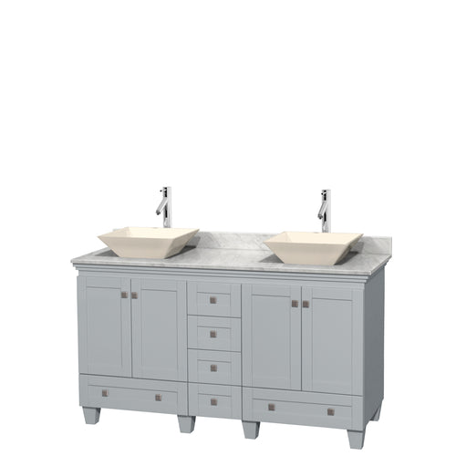 Wyndham Acclaim 60 Inch Double Bathroom Vanity in Oyster Gray, White Carrara Marble Countertop, Pyra Bone Porcelain Sinks, and No Mirrors- Wyndham