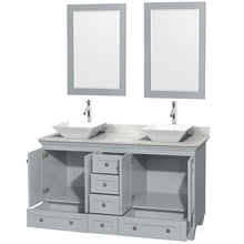Load image into Gallery viewer, Wyndham Acclaim 60 Inch Double Bathroom Vanity in Oyster Gray, White Carrara Marble Countertop, Pyra White Porcelain Sinks, and 24 Inch Mirrors- Wyndham
