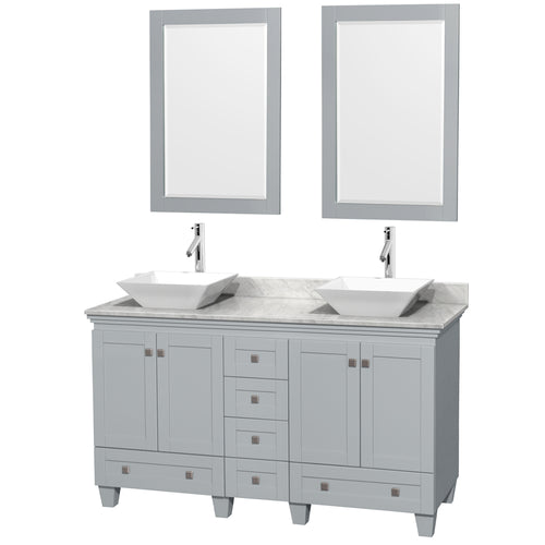 Wyndham Acclaim 60 Inch Double Bathroom Vanity in Oyster Gray, White Carrara Marble Countertop, Pyra White Porcelain Sinks, and 24 Inch Mirrors- Wyndham