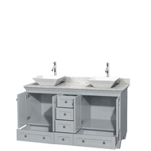 Load image into Gallery viewer, Wyndham Acclaim 60 Inch Double Bathroom Vanity in Oyster Gray, White Carrara Marble Countertop, Pyra White Porcelain Sinks, and No Mirrors- Wyndham