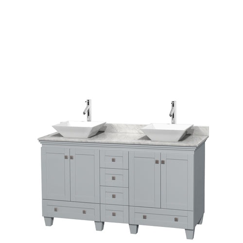 Wyndham Acclaim 60 Inch Double Bathroom Vanity in Oyster Gray, White Carrara Marble Countertop, Pyra White Porcelain Sinks, and No Mirrors- Wyndham