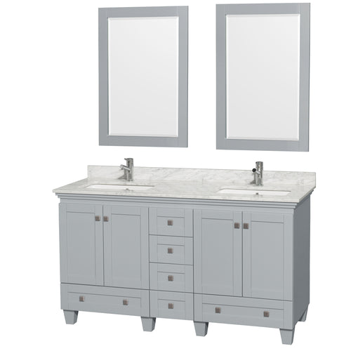 Wyndham Acclaim 60 Inch Double Bathroom Vanity in Oyster Gray, White Carrara Marble Countertop, Undermount Square Sinks, and 24 Inch Mirrors- Wyndham