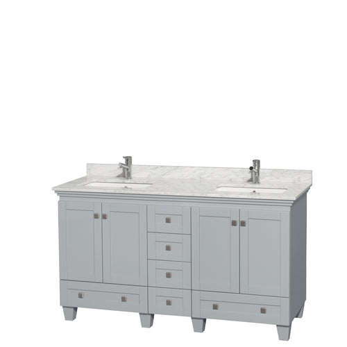 Wyndham Acclaim 60 Inch Double Bathroom Vanity in Oyster Gray, White Carrara Marble Countertop, Undermount Square Sinks, and No Mirrors- Wyndham
