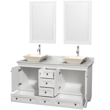Load image into Gallery viewer, Wyndham Acclaim 60 Inch Double Bathroom Vanity in White, White Carrara Marble Countertop, Pyra Bone Sinks, and 24 Inch Mirrors- Wyndham