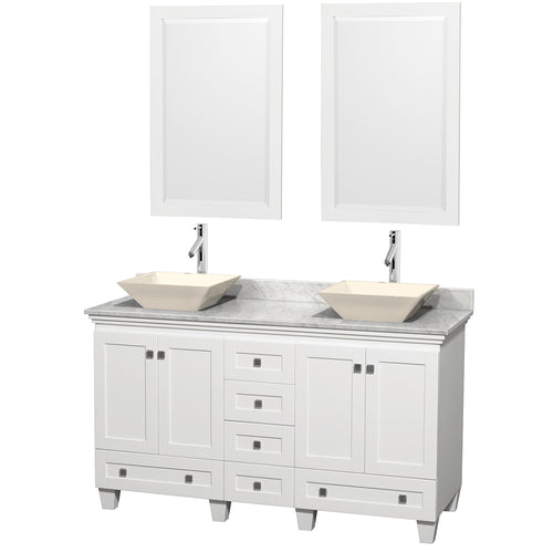 Wyndham Acclaim 60 Inch Double Bathroom Vanity in White, White Carrara Marble Countertop, Pyra Bone Sinks, and 24 Inch Mirrors- Wyndham