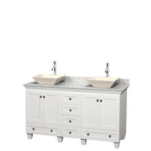 Load image into Gallery viewer, Wyndham Acclaim 60 Inch Double Bathroom Vanity in White, White Carrara Marble Countertop, Pyra Bone Sinks, and No Mirrors- Wyndham