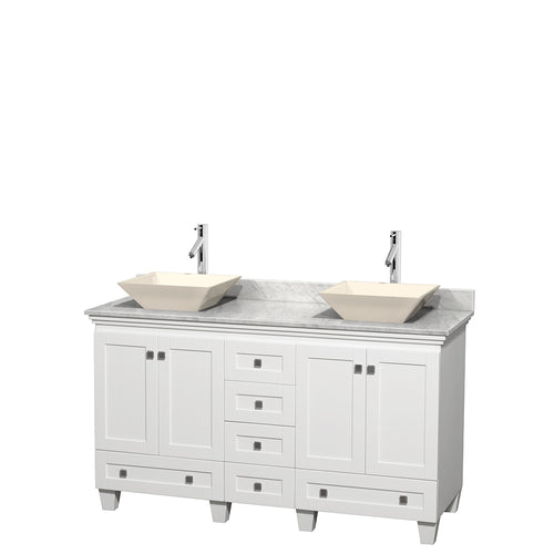 Wyndham Acclaim 60 Inch Double Bathroom Vanity in White, White Carrara Marble Countertop, Pyra Bone Sinks, and No Mirrors- Wyndham