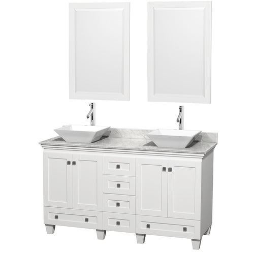 Wyndham Acclaim 60 Inch Double Bathroom Vanity in White, White Carrara Marble Countertop, Pyra White Sinks, and 24 Inch Mirrors- Wyndham