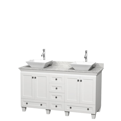 Wyndham Acclaim 60 Inch Double Bathroom Vanity in White, White Carrara Marble Countertop, Pyra White Sinks, and No Mirrors- Wyndham