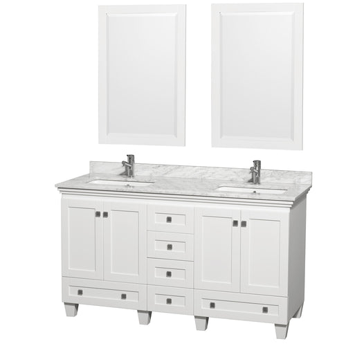 Wyndham Acclaim 60 Inch Double Bathroom Vanity in White, White Carrara Marble Countertop, Undermount Square Sinks, and 24 Inch Mirrors- Wyndham