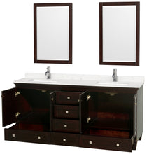 Load image into Gallery viewer, Wyndham Acclaim 72 Inch Double Bathroom Vanity in Espresso, Light-Vein Carrara Cultured Marble Countertop, Undermount Square Sinks, 24 Inch Mirrors- Wyndham