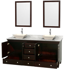 Load image into Gallery viewer, Wyndham Acclaim 72 Inch Double Bathroom Vanity in Espresso, White Carrara Marble Countertop, Pyra Bone Sinks, and 24 Inch Mirrors- Wyndham