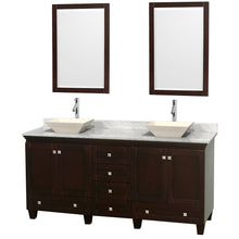 Load image into Gallery viewer, Wyndham Acclaim 72 Inch Double Bathroom Vanity in Espresso, White Carrara Marble Countertop, Pyra Bone Sinks, and 24 Inch Mirrors- Wyndham