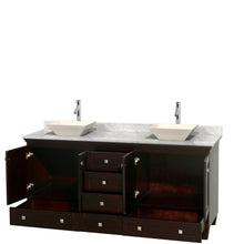Load image into Gallery viewer, Wyndham Acclaim 72 Inch Double Bathroom Vanity in Espresso, White Carrara Marble Countertop, Pyra Bone Sinks, and No Mirrors- Wyndham