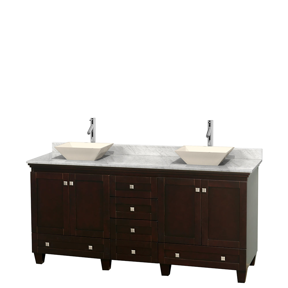 Wyndham Acclaim 72 Inch Double Bathroom Vanity in Espresso, White Carrara Marble Countertop, Pyra Bone Sinks, and No Mirrors- Wyndham