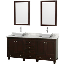 Load image into Gallery viewer, Wyndham Acclaim 72 Inch Double Bathroom Vanity in Espresso, White Carrara Marble Countertop, Pyra White Sinks, and 24 Inch Mirrors- Wyndham
