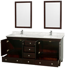 Load image into Gallery viewer, Wyndham Acclaim 72 Inch Double Bathroom Vanity in Espresso, White Carrara Marble Countertop, Undermount Square Sinks, and 24 Inch Mirrors- Wyndham
