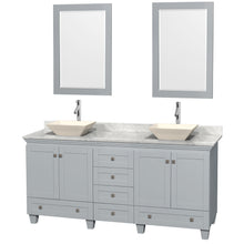 Load image into Gallery viewer, Wyndham Acclaim 72 Inch Double Bathroom Vanity in Oyster Gray, White Carrara Marble Countertop, Pyra Bone Porcelain Sinks, and 24 Inch Mirrors- Wyndham