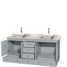 Load image into Gallery viewer, Wyndham Acclaim 72 Inch Double Bathroom Vanity in Oyster Gray, White Carrara Marble Countertop, Pyra Bone Porcelain Sinks, and No Mirrors- Wyndham