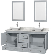 Load image into Gallery viewer, Wyndham Acclaim 72 Inch Double Bathroom Vanity in Oyster Gray, White Carrara Marble Countertop, Pyra White Porcelain Sinks, and 24 Inch Mirrors- Wyndham