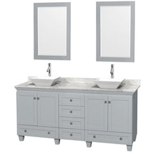 Load image into Gallery viewer, Wyndham Acclaim 72 Inch Double Bathroom Vanity in Oyster Gray, White Carrara Marble Countertop, Pyra White Porcelain Sinks, and 24 Inch Mirrors- Wyndham