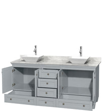 Load image into Gallery viewer, Wyndham Acclaim 72 Inch Double Bathroom Vanity in Oyster Gray, White Carrara Marble Countertop, Pyra White Porcelain Sinks, and No Mirrors- Wyndham