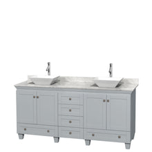 Load image into Gallery viewer, Wyndham Acclaim 72 Inch Double Bathroom Vanity in Oyster Gray, White Carrara Marble Countertop, Pyra White Porcelain Sinks, and No Mirrors- Wyndham