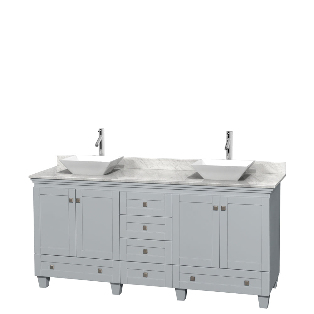 Wyndham Acclaim 72 Inch Double Bathroom Vanity in Oyster Gray, White Carrara Marble Countertop, Pyra White Porcelain Sinks, and No Mirrors- Wyndham