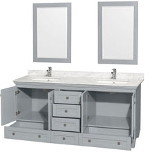 Load image into Gallery viewer, Wyndham Acclaim 72 Inch Double Bathroom Vanity in Oyster Gray, White Carrara Marble Countertop, Undermount Square Sinks, and 24 Inch Mirrors- Wyndham