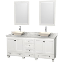 Load image into Gallery viewer, Wyndham Acclaim 72 Inch Double Bathroom Vanity in White, White Carrara Marble Countertop, Pyra Bone Sinks, and 24 Inch Mirrors- Wyndham