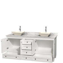 Load image into Gallery viewer, Wyndham Acclaim 72 Inch Double Bathroom Vanity in White, White Carrara Marble Countertop, Pyra Bone Sinks, and No Mirrors- Wyndham