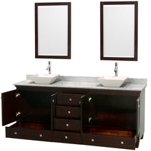 Load image into Gallery viewer, Wyndham Acclaim 80 Inch Double Bathroom Vanity in Espresso, White Carrara Marble Countertop, Pyra Bone Porcelain Sinks, and 24 Inch Mirrors- Wyndham