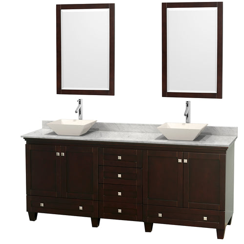 Wyndham Acclaim 80 Inch Double Bathroom Vanity in Espresso, White Carrara Marble Countertop, Pyra Bone Porcelain Sinks, and 24 Inch Mirrors- Wyndham