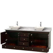 Load image into Gallery viewer, Wyndham Acclaim 80 Inch Double Bathroom Vanity in Espresso, White Carrara Marble Countertop, Pyra Bone Porcelain Sinks, and No Mirrors- Wyndham