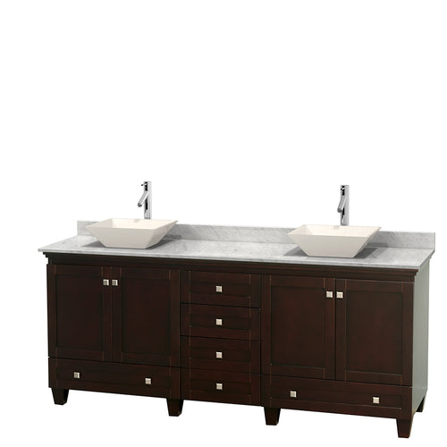 Wyndham Acclaim 80 Inch Double Bathroom Vanity in Espresso, White Carrara Marble Countertop, Pyra Bone Porcelain Sinks, and No Mirrors- Wyndham