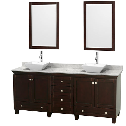 Wyndham Acclaim 80 Inch Double Bathroom Vanity in Espresso, White Carrara Marble Countertop, Pyra White Porcelain Sinks, and 24 Inch Mirrors- Wyndham