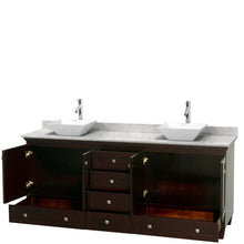 Load image into Gallery viewer, Wyndham Acclaim 80 Inch Double Bathroom Vanity in Espresso, White Carrara Marble Countertop, Pyra White Porcelain Sinks, and No Mirrors- Wyndham