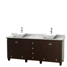Load image into Gallery viewer, Wyndham Acclaim 80 Inch Double Bathroom Vanity in Espresso, White Carrara Marble Countertop, Pyra White Porcelain Sinks, and No Mirrors- Wyndham
