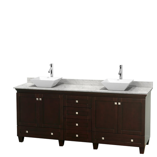 Wyndham Acclaim 80 Inch Double Bathroom Vanity in Espresso, White Carrara Marble Countertop, Pyra White Porcelain Sinks, and No Mirrors- Wyndham