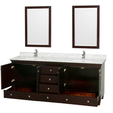 Load image into Gallery viewer, Wyndham Acclaim 80 Inch Double Bathroom Vanity in Espresso, White Carrara Marble Countertop, Undermount Square Sinks, and 24 Inch Mirrors- Wyndham