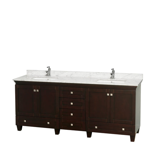Wyndham Acclaim 80 Inch Double Bathroom Vanity in Espresso, White Carrara Marble Countertop, Undermount Square Sinks, and No Mirrors- Wyndham